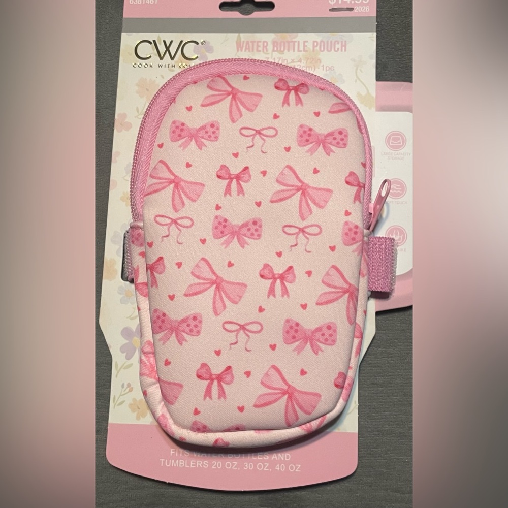 CWC Pink Bow Water Bottle Pouch Holder‎ Sleeve Fits 20-40oz Tumblers NWT!